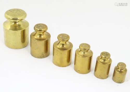 A set of six early-20thC brass 'chess' scale weights, 10 Troy oz to 1 Troy oz,