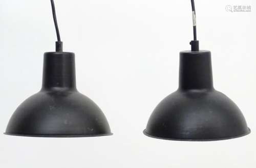 Vintage Retro: a Danish Pair of ES Horn hanging pendant lamps / lights in black livery,