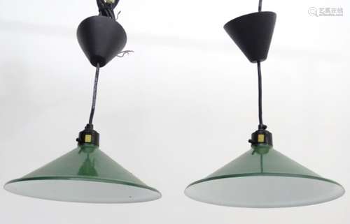 Vintage Retro : A pair of light fittings with green painted metal conical shades approx 10