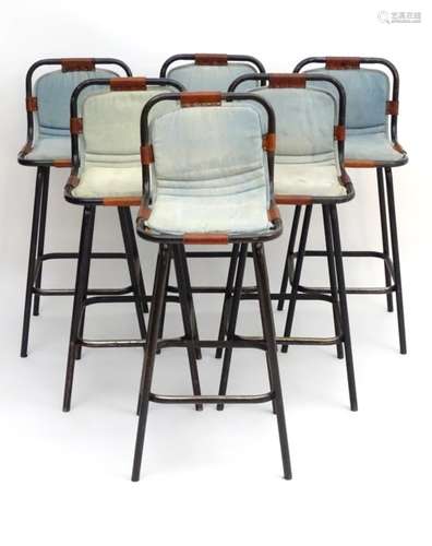 Vintage Retro : A set of 6 mid century high stools with denim covered seats supported with brown