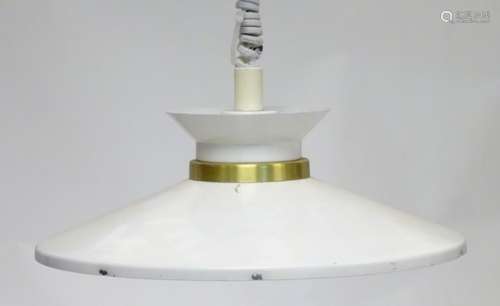 Vintage Retro: A Danish (Scandi) hanging pendant rise and fall lamp / light with white and brass