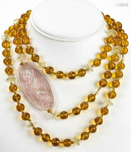 Antique Lalique Art Glass Plaque Pendant Necklace
