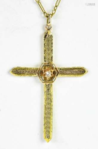 Estate 14kt Gold Chain w Diamond Filigree Cross