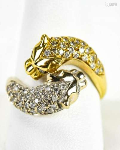 Estate 18k Gold & Pave Diamond Double Panther Ring