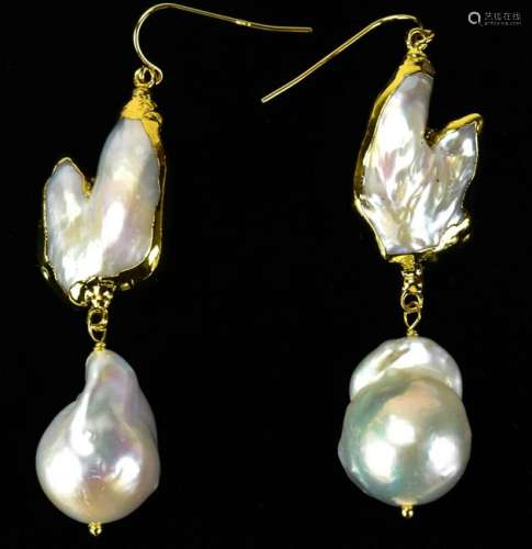 Pair of Gold Baroque & Blister Pearl Earrings