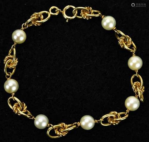 Vintage 14kt Yellow Gold & Cultured Pearl Bracelet