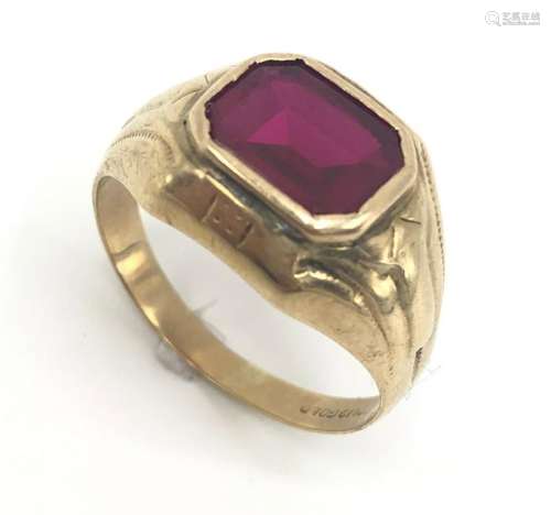 Vintage Deco Style MenÂs 10k Gold Ring W Red Stone
