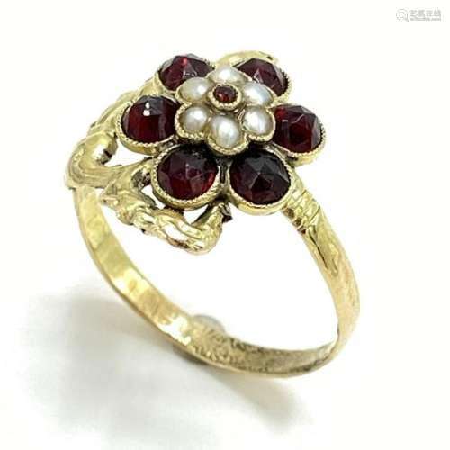 Victorian 19th C 14k Gold Garnet & Seed Pearl Ring
