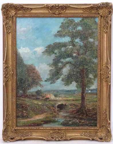 Indistinctly Signed, c. 1900, Oil on canvas, A bridge near a farmstead.