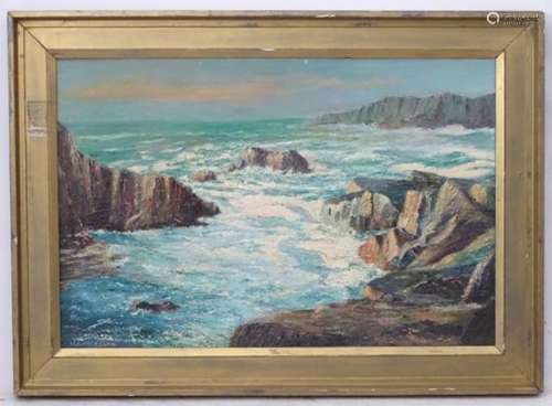 W E Melbourn, mid XX, Oil on canvas laid on board, Looking out to sea across the cliffs,