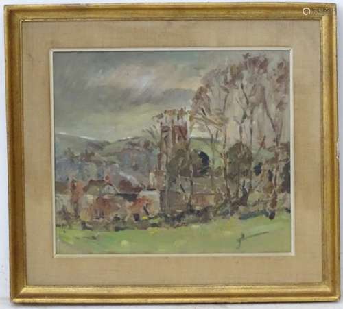 E L Rawlins, XX, Oil on board, 'Ditchling' a view of a Southern village, Signed and titled verso.