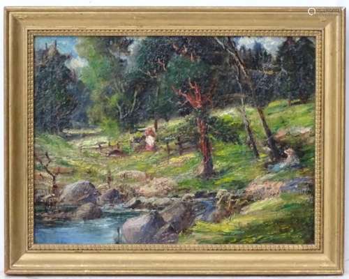 H. E. Jones, XIX-XX, Oil on canvas, Figures by a country stream, Signed lower right.