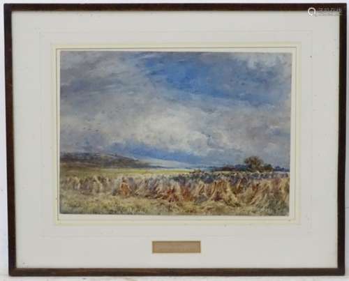 John Keeley (1849-1930), RBSA, Watercolour, 'Harvest' Stoukes of corn under a rolling blue sky,