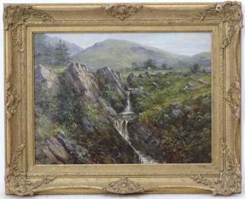 R July, 85, Oil on board, A Yorkshire waterfall in the country, Marked in red lower right.