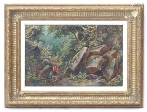 J Mc, Oil on board, Boys conversing on a track in the wood, Signed lower left.