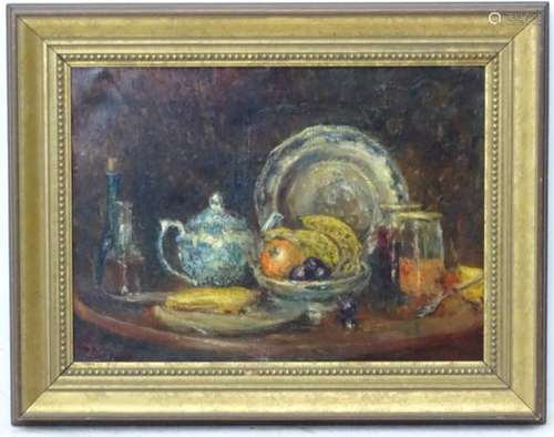 Attributed to R. O. Dunlop, XIX, Oil on canvas, Still life of items on a table, Signed lower left.