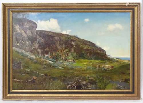 John Murray, XX, Scottish, Oil on board, Highland cattle on ground by the sea, Signed lower left.