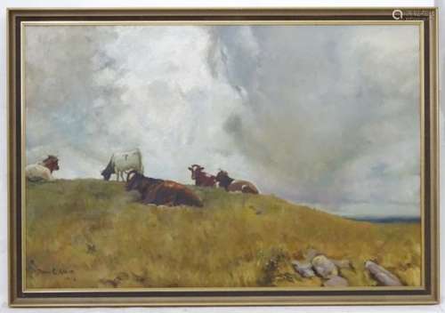 Doris E Abbott, 1916, Oil on canvas, Ayrshire cows seated etc.