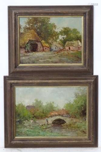 Indistinctly signed, early XX, Oil on board, a pair, A country farm yard,