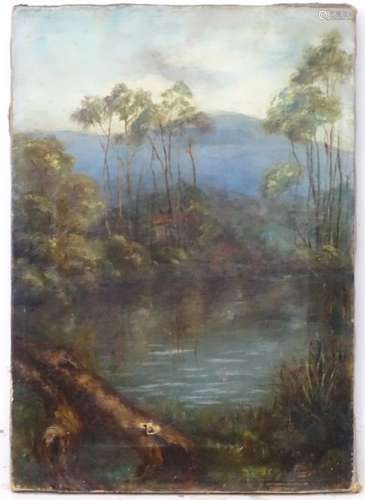 J E Duffy, XIX-XX, Tasmanian School, Oil on canvas, A waterhole near a mountain,