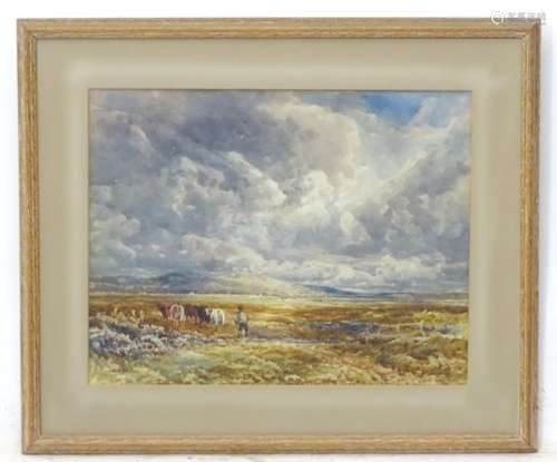 John Keeley (1849-1930), Watercolour, Driving cattle across the moor, Signed lower left.