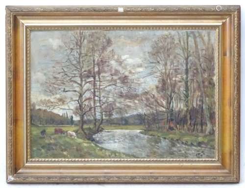 F Davies, XX, Oil on canvas, Cattle beside an autumn river, Signed and dated lower right.