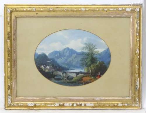 George William Pettitt (1831-1863), Gouache and watercolour, an oval, 'Old Bridge, Patterdale,