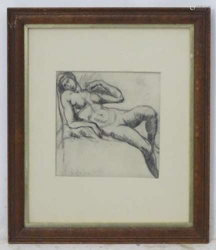 Indistinctly signed, XX, Pencil sketch, Reclining nude, Signed lower left.