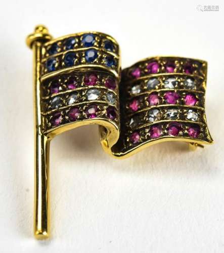 Estate 14kt Gold Diamonds Ruby & Sapphire Flag Pin