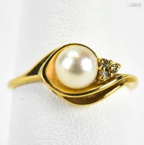 Vintage 10kt Yellow Gold Diamond & Pearl Ring