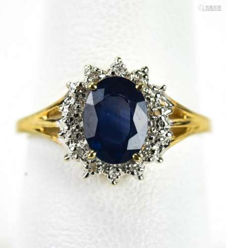 Estate 14kt Gold 1 Ct Sapphire Ring w Diamond Halo