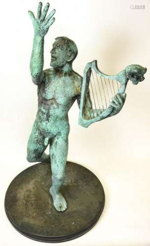 Large Classical Bronze Statue of Male Nude W Harp
