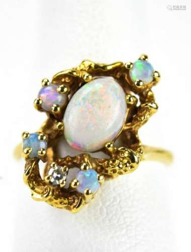 Vintage 14k Yellow Gold Opal Diamond Cluster Ring