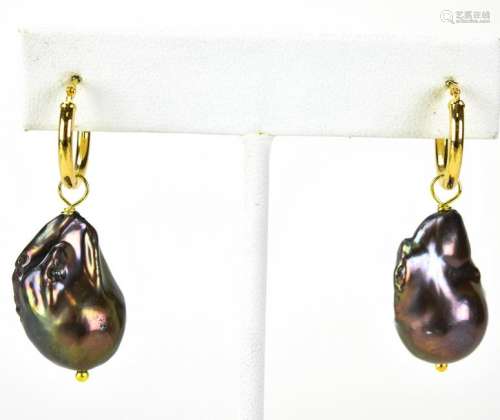 Pair Gold Vermeil Tahitian Baroque Pearl Earrings