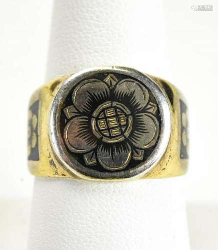 Russian Niello Enamel & Silver Floral Motif Ring