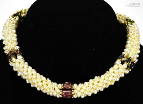 14kt Gold Seed Pearl & Semi Precious Bead Necklace