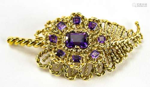 Retro C 1940s 14kt Gold & Amethyst Paisley Brooch