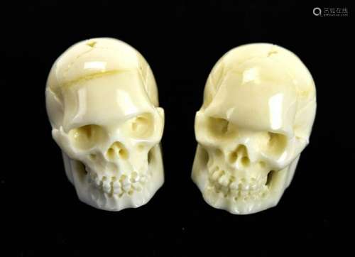 Pair Hand Carved Bone / Horn Memento Mori Skulls