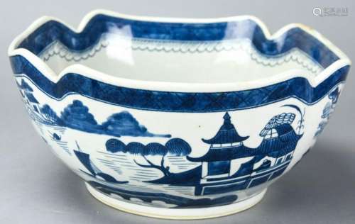 Chinese Canton Blue & White Cut Corner Bowl