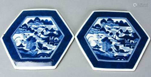 Pair Chinese Blue & White Canton Tiles / Plaques