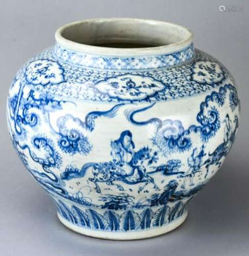 Chinese Hand Painted Blue & White Porcelain Pot