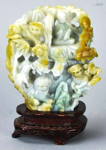 Chinese Hand Carved Jadeite Foo Dog Statue on Base