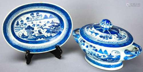 Chinese Canton Blue & White Porcelain Tureen