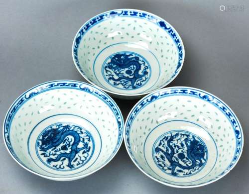 Three Chinese Signed Rice Pattern Porcelain Bowls