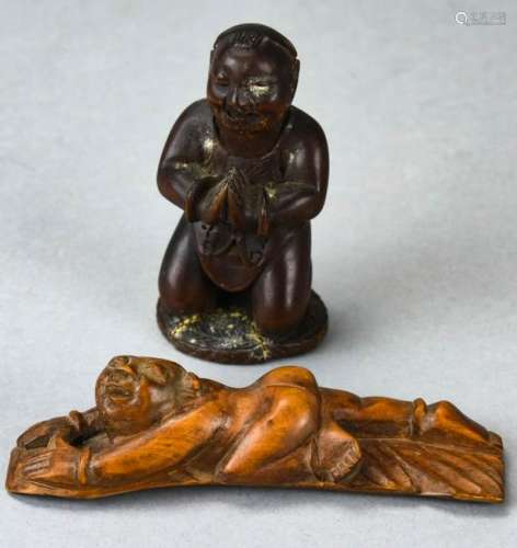 Two Chinese Hand Carved Wooden Statues