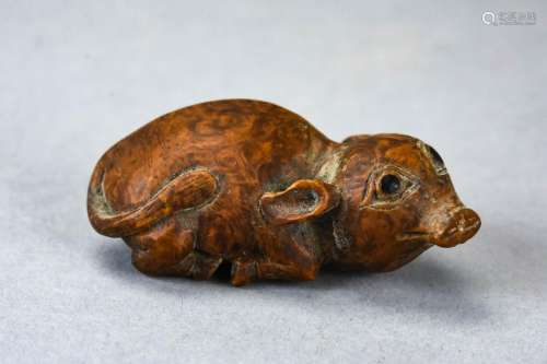 Hand Carved Wooden Netsuke of a Cow