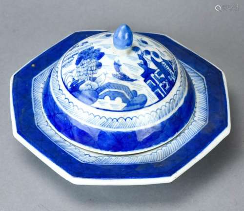 Chinese Canton Blue & White Porcelain Butter Dome