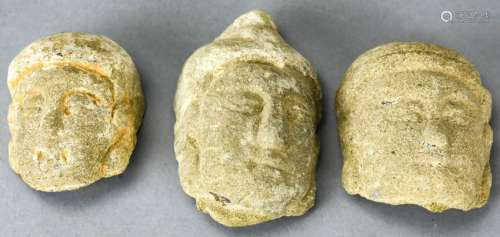 3 Carved Stone Chinese Buddha Head Fragments
