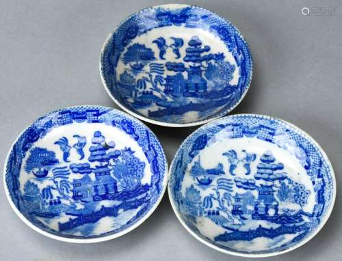 Three Antique Japanese Blue Willow Pattern Bowls