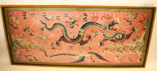 Large Antique Asian Silk Framed Tapestry w Dragon